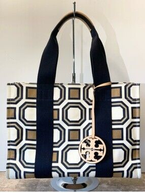 TORY BURCH Canvas and Leather Tote Bag Leather Logo Bag Charm